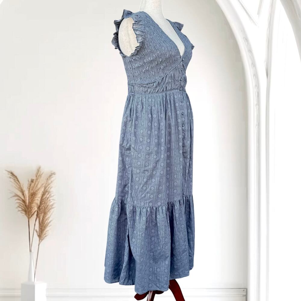 Anthropologie The Peregrine Blue Smocked Midi Dress Ruffle Sleeve Button Front L - Picture 4 of 8